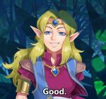  1girl alternate_costume armor blonde_hair blue_eyes blue_vest breasts chest_jewel collared_shirt dappled_sunlight english_text forehead_jewel forest jewelry leaf long_hair looking_to_the_side medium_breasts meme nature necklace open_mouth outdoors parted_bangs plant pointy_ears princess_zelda purple_shirt shadow shirt shirt_tucked_in shoulder_armor sidelocks simon_stafsnes_andersen smirk smug solo source_quote standing sunlight teeth the_legend_of_zelda the_legend_of_zelda_(cd-i) tiara tree tree_shade upper_body vest zelda:_the_wand_of_gamelon 