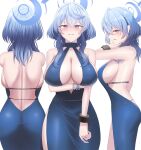  1girl absurdres ako_(blue_archive) ako_(dress)_(blue_archive) back backboob backless_dress backless_outfit bare_shoulders blue_archive blue_dress blue_eyes blue_hair blue_halo blush breasts cleavage dress earrings evening_gown from_behind from_side halo highres jewelry large_breasts long_hair looking_at_viewer median_furrow multiple_views official_alternate_costume sideboob sideless_dress simple_background single_earring single_handcuff sleeveless sleeveless_dress sweat white_background yoonge_a 