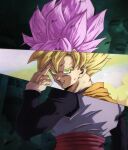  2boys black_shirt blonde_hair blood blood_stain cloud cloudy_sky commentary debris dougi dragon_ball dragon_ball_super dragon_ball_z dragon_ball_z_dokkan_battle fingers_to_head gameplay_mechanics goku_black green_cloud green_eyes green_sky grey_shirt grin highres inset instant_transmission looking_at_viewer male_focus multiple_boys orange_shirt overlapped_images pink_hair red_sash sash scuffed shirt sky smile son_goku spiked_hair super_saiyan super_saiyan_1 super_saiyan_rose sweatdrop sydoria upper_body yellow_clouds 