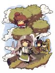  1girl 3boys blush_stickers brown_eyes brown_hair chibi chibi_only closed_mouth cloud facial_hair goatee_stubble grey_hat hairband hand_on_own_hip helmet in_tree japanese_clothes kotorai kuji-in kunoichi_(sengoku_musou) log long_hair ma_chao ma_dai mountain mouth_hold multiple_boys musou_orochi path red_hairband sanada_yukimura_(sengoku_musou) scroll side_ponytail smile stubble tree 