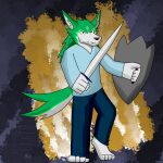 absurd_res anthro canid canine canis chibi clothing fluffy hi_res invalid_tag link_(wolf_form) male mammal melee_weapon nintendo shield solo sword the_legend_of_zelda weapon wolf