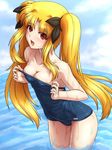  :d absurdres bare_shoulders blonde_hair blush bow breasts cleavage cloud covered_navel covered_nipples day fate_testarossa hair_bow highres horizon long_hair lyrical_nanoha mahou_shoujo_lyrical_nanoha medium_breasts ocean one-piece_swimsuit open_mouth red_eyes school_swimsuit sky smile solo strap_slip swimsuit taro twintails undressing wading water wet 