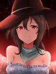  1girl absurdres bare_shoulders black_background blue_shirt breasts brown_hair brown_hat cleavage commentary cowboy_hat english_commentary frilled_shirt frills grin hair_between_eyes hat highres kuneamorai kurokoma_saki light_particles long_hair looking_at_viewer medium_breasts off_shoulder red_background red_eyes shirt smile solo split_mouth touhou upper_body 