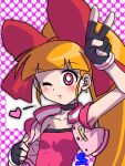  1girl akazutsumi_momoko blowing_kiss blush bow earrings gloves hair_ribbon heart highres jacket jewelry long_hair looking_at_viewer one_eye_closed orange_hair pink_eyes ponytail powerpuff_girls_z red_bow ribbon shirt short_bangs simple_background smile solo 