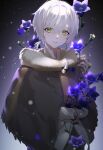  1boy bishounen cloak flower fumetsu_no_anata_e fur_trim fushi gradient_background hair_between_eyes highres holding holding_flower hood hooded_cloak long_sleeves looking_at_viewer male_focus pale_skin ponytail puke.face purple_flower shirt short_hair smile snowing solo upper_body white_hair white_shirt yellow_eyes 