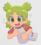  1girl bag blush bukobean child commentary cropped_torso green_eyes green_hair grey_background highres koiwai_yotsuba looking_to_the_side lower_teeth_only open_mouth quad_tails red_shirt shirt short_sleeves shoulder_bag simple_background teeth two-tone_shirt white_shirt yotsubato! 