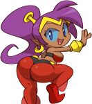 blue_eyes breasts brown_body brown_skin butt clothing ear_piercing ear_ring female footwear genie hair humanoid humanoid_pointy_ears long_hair not_furry open_mouth open_smile piercing ponytail purple_hair ring_piercing shantae shantae_(series) shoes smile solo vilepluff wayforward