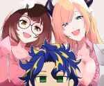  1boy 2girls astel_leda blonde_hair blue_eyes blue_hair breasts brown_hair cleavage collared_shirt commentary_request demon_horns empty_eyes green_eyes hair_between_eyes hololive holostars hood hoodie horns long_hair looking_at_viewer multicolored_hair multiple_girls open_mouth pink_hoodie pointy_ears roboco-san roboco-san_(hoodie) round_eyewear shirt short_hair smile streaked_hair teardrop-framed_glasses two-tone_hair upper_body virtual_youtuber white_background yellow_eyes yuzuki_choco zwei02 