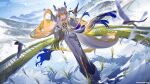  1girl absurdres arknights artist_name bird blue_sky chinese_commentary cloud cloudy_sky commentary_request dou_(doudouzi) dragon_girl dragon_horns dragon_tail highres horns looking_at_viewer multicolored_hair outstretched_arm rice shu_(arknights) sky tail terrace water 