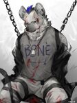  1boy animal_ear_piercing arknights black_jacket blood blood_on_clothes blood_on_face chain closed_mouth clothes_writing english_text furry furry_male grey_shirt highres hyena_boy jacket jewelry male_focus multicolored_hair necklace p7ywirzyw8lesuc restrained shirt signature solo spot_(arknights) streaked_hair 