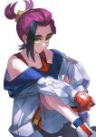  1boy bare_shoulders black_hair blue_socks closed_mouth gloves highres jacket kieran_(pokemon) long_sleeves looking_at_viewer male_focus multicolored_hair off_shoulder open_clothes open_jacket pokemon pokemon_sv purple_hair red_gloves red_tank_top shoes shorts simple_background single_glove sitting socks solo tank_top white_background white_jacket white_shorts white_socks wintersongdier yellow_eyes 
