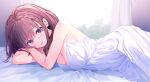  1girl bare_arms bed_sheet blush braid breasts brown_hair cleavage commentary_request curtains dress highres indoors looking_at_viewer lying medium_breasts medium_hair on_bed open_mouth original pasdar purple_eyes smile solo white_dress window 