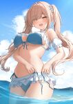  1girl bikini blue_bikini blue_sky breasts brown_hair cloud commentary_request day fang frilled_bikini frills highres long_hair looking_at_viewer medium_breasts monaka_curl ocean open_mouth original sky smile solo swimsuit twintails yellow_eyes 