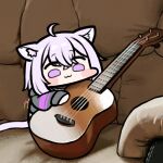  1girl :3 animal_ear_fluff animal_ears blush_stickers cat_ears cat_girl cat_tail couch full_body grey_hoodie hair_between_eyes holding holding_instrument hololive hood hood_down hoodie instrument jazz_jack long_sleeves lowres medium_hair nekomata_okayu on_couch purple_eyes purple_hair signature solid_eyes solo tail ukulele virtual_youtuber wide_face 