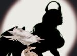  1girl animal bird breasts demon_horns different_shadow dove feathers hololive hololive_english hololive_shadow_puppet_(meme) horns large_breasts long_hair malpha_ravencroft meme set7 shadow_puppet silhouette solo spotlight tongue tongue_out virtual_youtuber wavy_hair wings 