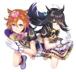  2girls ahoge animal_ears black_hair botantouki crown dress ear_piercing earrings gate_of_infinity_(umamusume) gloves hair_between_eyes highres horse_ears horse_girl horse_tail jewelry long_bangs long_hair looking_at_viewer manhattan_cafe_(umamusume) mini_crown multicolored_hair multiple_girls orange_hair piercing purple_dress purple_eyes running shirt short_hair single_earring skirt smile solo t.m._opera_o_(umamusume) tail umamusume white_background white_footwear white_gloves white_hair yellow_eyes 