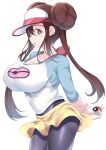  1girl blue_eyes breasts brown_hair cleavage double_bun fukunaga_yukito hair_bun highres holding holding_poke_ball large_breasts open_mouth pantyhose poke_ball poke_ball_(basic) pokemon pokemon_bw2 rosa_(pokemon) shorts simple_background solo sparkle twintails white_background yellow_shorts 