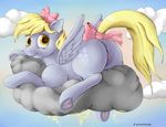  amber_eyes anus blonde_hair blush bow cloud clouds cutie_mark derpy_hooves_(mlp) english_text equine female feral friendship_is_magic fur grey_fur hair horse looking_at_viewer looking_back mammal my_little_pony nezudomo pegasus pony pussy sky smile solo tail_wrap text wings 