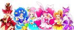  6+girls ;q \n/ absurdres animal_ears aqua_eyes arisugawa_himari blue_dress blue_eyes blue_gloves blue_hair cat_ears cat_tail chocolate choker closed_mouth cure_chocolat cure_custard cure_gelato cure_macaron cure_parfait cure_whip custard dog_ears dog_tail double_\n/ dress earrings elbow_gloves extra_ears fang food food-themed_clothes food-themed_hair_ornament frilled_dress frills gloves hair_ornament hand_on_own_hip hat highres jacket jewelry kenjou_akira kirahoshi_ciel kirakira_precure_a_la_mode kotozume_yukari lion_ears lion_tail long_hair looking_at_viewer macaron magical_girl medium_dress mitsuki_tayura multiple_girls one_eye_closed open_mouth orange_eyes orange_hair parfait parted_bangs pink_dress pink_eyes pink_hair pouch precure puffy_short_sleeves puffy_sleeves purple_choker purple_dress purple_eyes purple_hair rabbit_ears rabbit_tail reaching reaching_towards_viewer red_eyes red_hair red_jacket short_dress short_hair short_sleeves side-by-side side_ponytail simple_background smile squirrel_ears squirrel_tail standing tail tategami_aoi tongue tongue_out top_hat twintails usami_ichika v v_over_eye very_long_hair white_background white_gloves wide_ponytail 