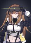  1girl absurdres black_background black_jacket brown_hair chest_belt chest_harness cropped_shirt flashbang girls&#039;_frontline girls&#039;_frontline_2:_exilium goggles goggles_on_head hand_on_goggles hand_up harness highres id_card jacket long_hair looking_at_viewer navel open_clothes open_jacket shiori_(akasaka_shiori) smile twintails ump9_(girls&#039;_frontline) upper_body 