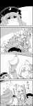  4koma =_= arms_up bauble bow christmas_tree comic commentary_request crescent eyebrows_visible_through_hair fujiwara_no_mokou greyscale hair_between_eyes hair_bow hanging hat hat_bow highres junko_(touhou) kamishirasawa_keine long_sleeves looking_up monochrome multicolored_hair pants patch petting pom_pom_(clothes) shaded_face shirt sitting smile sparkle star stepladder streaked_hair string suspenders tani_takeshi touhou translation_request two-tone_hair yukkuri_shiteitte_ne 