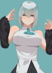  1girl absurdres ars_almal bare_shoulders blue_background blue_eyes breasts detached_collar grey_hair highres large_breasts looking_at_viewer nijisanji ok_sign short_hair simple_background smile solo virtual_youtuber zhouqinguaishou 