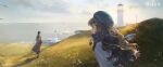  2girls :o absurdres beach beret bird black_footwear black_hair blue_eyes blue_hat blue_scarf blue_sky boots brown_coat brown_hair cloud coat copyright_name copyright_notice curly_hair day dress from_side grass greta_hofmann hands_in_pockets hat highres hill horizon landscape lighthouse logo long_hair long_skirt long_sleeves looking_at_another marcus_(reverse:1999) mole mole_under_eye multiple_girls nature ocean official_art outdoors overcoat profile reverse:1999 scarf scenery shadow ship short_hair skirt sky upper_body watercraft white_dress wide_shot 