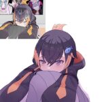  1girl ball black_hair blush english_commentary exercise_ball fish_hair_ornament genkibunko hair_between_eyes hair_ornament highres hood hoodie multicolored_hair nijisanji nijisanji_en petra_gurin petra_gurin_(1st_costume) purple_eyes reference_inset short_hair sleeves_past_fingers sleeves_past_wrists two-tone_hair virtual_youtuber white_background 