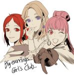  3girls b_(wldms6650) brown_gloves brown_hair commentary earrings english_commentary english_text fire_emblem fire_emblem:_three_houses foreshortening gloves hand_up highres hilda_valentine_goneril hoop_earrings jewelry long_hair long_sleeves looking_at_viewer mercedes_von_martritz monica_von_ochs multiple_girls one_eye_closed parted_lips pink_hair ponytail purple_eyes red_eyes red_hair thick_eyebrows upper_body very_long_hair 