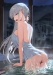  1girl ass breasts grey_eyes grey_hair half-closed_eyes highres hood_(james_x) large_breasts long_hair median_furrow naked_towel open_mouth original pool smile solo towel wading 