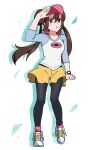  1girl aqua_eyes arm_up black_pantyhose blush bright_pupils brown_hair commentary_request double_bun full_body hair_between_eyes hair_bun highres long_hair mocacoffee_1001 pantyhose parted_lips pokemon pokemon_bw2 raglan_sleeves rosa_(pokemon) shirt shoes short_shorts shorts signature sleeves_past_elbows sneakers solo standing twintails visor_cap white_pupils xtransceiver yellow_shorts 