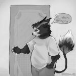 2024 anthro artist_name black_nose catatex_69 clothing comic demon dialogue digital_media_(artwork) door english_text felid feline greyscale hazbin_hotel hi_res husk_(hazbin_hotel) looking_at_object male mammal monochrome shirt solo t-shirt text topwear