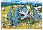  beldum bird blue_sky cloud commentary_request hazikamiio highres horizon metagross no_humans non-humanoid_robot on_grass outdoors pokemon pokemon_(creature) red_eyes robot rock sky starly 