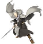  atelier-moo bald cloak closed_mouth forehead holding holding_sword holding_weapon hood hooded_cloak long_sleeves mechusera obi old old_man rope sash shoes short_hair solo sword torn_cloak torn_clothes transparent_background weapon white_hair wizards_symphony 