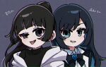  2girls ado_(utaite) black_bow black_bowtie black_coat black_eyes black_hair black_shirt blue_hair blush bow bowtie chando_(ado) character_name chibi chromatic_aberration cloud_nine_inc coat collared_shirt colored_inner_hair commentary_request company_connection dress_shirt floating_hair flower_brooch highres jacket looking_at_viewer multicolored_hair multiple_girls oan_(o_annn) off_shoulder open_clothes open_coat open_mouth ponytail shirt sidelocks smile teeth tongue tongue_out translated two-tone_hair upper_body upper_teeth_only utaite white_jacket white_shirt yoshino_(utaite) 