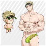  1boy abs absurdres bara beard blonde_hair bulge character_request cheekbones cowboy_shot erection erection_under_clothes ero_condo facial_hair frown full_beard girthy_penis green_male_swimwear half_thong hat highres interlocked_fingers kienbiu large_pectorals looking_at_viewer male_focus male_swimwear muscular muscular_male nipples official_alternate_costume own_hands_together paid_reward_available pectorals penis see-through short_hair simple_background solo standing stomach thick_thighs thighs topless_male veins veiny_arms wet_male_swimwear 