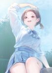  1girl arm_up blue_skirt bow breasts brown_hair chain-link_fence cloud day fence hand_on_own_head large_breasts looking_at_viewer open_mouth original outdoors pleated_skirt red_eyes shirt short_ponytail sitting skirt sky solo tomamatto white_shirt 