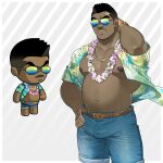  1boy absurdres bara bare_pectorals belly bulge buzz_(ero_condo) character_request chibi cowboy_shot dark-skinned_male dark_skin denim ero_condo facial_hair flower flower_necklace frown hawaiian_shirt highres jeans kienbiu large_pectorals male_focus mature_male muscular muscular_male mustache_stubble navel nipples official_alternate_costume paid_reward_available pants pectorals plump shirt short_hair simple_background solo sparse_navel_hair standing stomach stubble sunglasses thick_thighs thighs undercut 