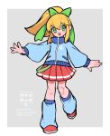  1girl blonde_hair blue_jacket blue_leg_warmers blush_stickers bow green_bow green_eyes hair_bow high_ponytail highres jacket joints long_hair mega_man_(classic) mega_man_(series) mikhail_kitto pleated_skirt red_footwear red_skirt robot_girl robot_joints roll_(mega_man) shoes simple_background skirt solo 