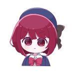  1girl arima_kana beret black_bow blue_hat blue_jacket bob_cut bow bowtie chibi closed_mouth collared_shirt commentary_request cropped_torso dress_shirt hat hat_bow jacket no_pupils oan_(o_annn) oshi_no_ko pout red_bow red_bowtie red_eyes red_hair school_uniform shirt short_hair simple_background solo upper_body white_background white_shirt youtou_high_school_uniform 