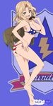  american_flag_bikini ass barefoot bikini blonde_hair blue_eyes breasts cleavage emblem flag_print girls_und_panzer jacket kay_(girls_und_panzer) large_breasts long_hair mizuki_makoto open_mouth saunders_(emblem) smile solo swimsuit 