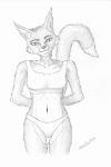 anthro bra breasts clothed clothing countershading felid feline female female_anthro fur graphite_(artwork) greyscale hands_behind_back hi_res johndoe8771 mammal monochrome panties pencil_(artwork) shaded simple_background small_breasts smile solo solo_focus standing traditional_media_(artwork) underwear white_background