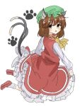  1girl :o animal_ears blush brown_eyes brown_hair cat_ears cat_tail chen commentary_request dress frills from_side full_body gekiyaba0512 hat long_sleeves looking_at_viewer looking_back medium_hair mob_cap multiple_tails nekomata open_mouth paw_print paw_print_background petticoat red_dress simple_background solo tail touhou two_tails white_background 
