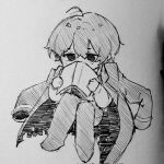  1boy blush book chibi chsju_0 coat coat_on_shoulders greyscale highres holding holding_book knees_up limbus_company male_focus monochrome pants project_moon shoes solo traditional_media yi_sang_(project_moon) 