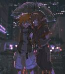  blue_eyes blurry blurry_background brown_hair city_lights headphones highres holding holding_umbrella hood hood_up keiseki1 kingdom_hearts kingdom_hearts_iii looking_at_another male_focus multiple_boys night orange_hair outdoors rain sakuraba_neku short_hair smile sora_(kingdom_hearts) spiked_hair standing subarashiki_kono_sekai transparent transparent_umbrella umbrella 