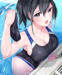  1girl arm_up armpits bare_shoulders black_eyes black_hair breasts cleavage collarbone competition_swimsuit covered_navel fed_(giba) high_ponytail highleg highleg_swimsuit highres large_breasts multicolored_clothes multicolored_swimsuit one-piece_swimsuit open_mouth original partially_submerged pool poolside solo swimsuit wet wet_clothes wet_swimsuit 