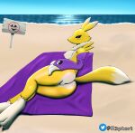 absurd_res anthro armwear bandai_namco beach bridal_gauntlets clothing digimon digimon_(species) female fur hi_res looking_at_viewer lying multicolored_body r3ptart renamon seductive solo yellow_body yellow_fur