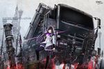  1girl akemi_homura akemi_homura_(magical_girl) bad_id bad_pixiv_id black_hair gun hairband long_hair machine_gun madu magical_girl mahou_shoujo_madoka_magica mahou_shoujo_madoka_magica_(anime) military_truck military_vehicle missile_vehicle motor_vehicle pantyhose photoshop_(medium) purple_eyes ribbon rifle rocket_launcher skirt solo truck weapon 
