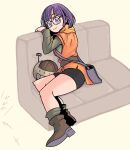  1girl absurdres bag belt bike_shorts blue_eyes boots chrono_trigger closed_mouth couch full_body glasses helmet highres looking_at_viewer lucca_ashtear okera purple_hair short_hair shoulder_bag sitting smile solo white_background 