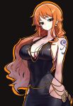 1girl alternate_costume arm_tattoo black_dress breasts chain clothes_lift dress earrings gold_chain groin highleg highres hip_vent jewelry large_breasts long_hair looking_at_viewer meme meme_attire modakawa_dress nami_(one_piece) one_piece open_clothes open_dress orange_eyes orange_hair redpostit sleeveless sleeveless_dress solo tattoo tight_clothes tight_dress 